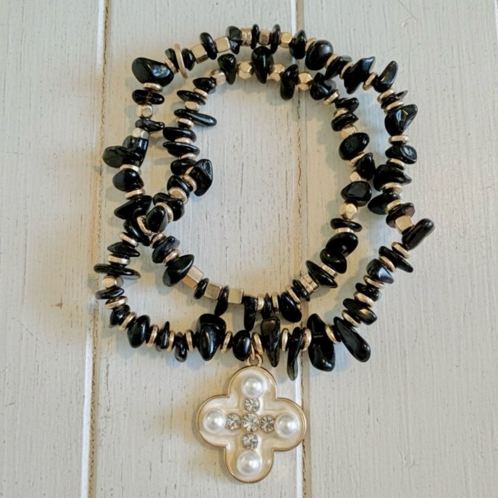 Gothic Black Jasper & Gold Tone Stretchy Double Wrap Bracelet